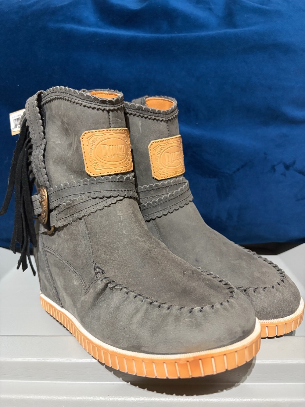 dingo Gray Suede Wedge Ankle Boots with Tan Accents